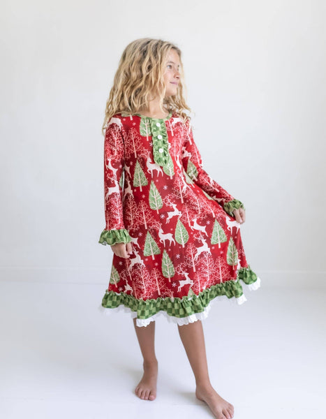 Kids Red Christmas Holiday Reindeer Ruffle Lounge Play Gown