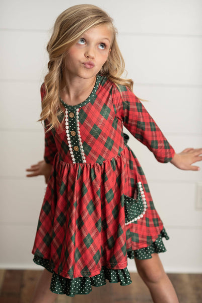 Kids Red Green Plaid Ruffle Button Holiday Christmas Dress