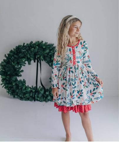 Kids Red & Green Holly Ruffle Button Pocket Tie Back Dress