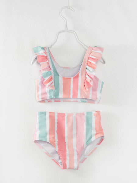 Pink Blue Stripe Ruffle Girl Swimsuit