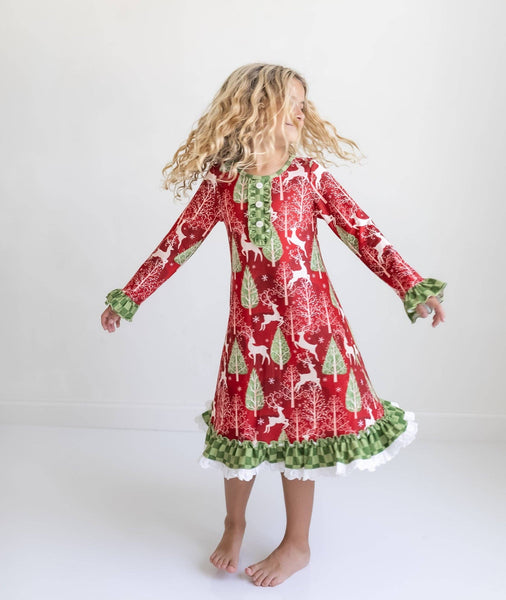 Kids Red Christmas Holiday Reindeer Ruffle Lounge Play Gown