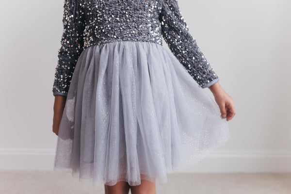 Kids Sequin Silver Holiday Fancy Sparkle Tulle Winter Dress