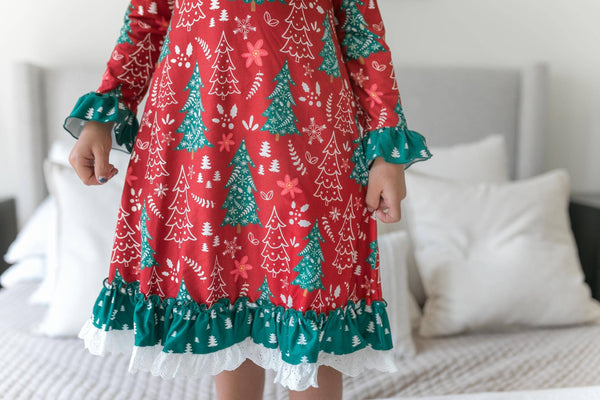 Kids Red & Green Christmas Tree Ruffle Lounge Play Gown