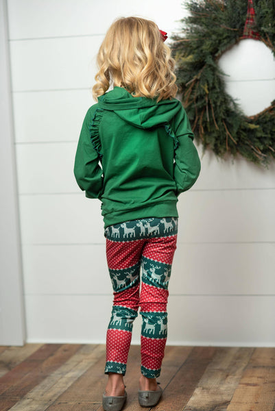 Kids Reindeer Pocket Ruffle Hoodie Shirt and Leggings Set