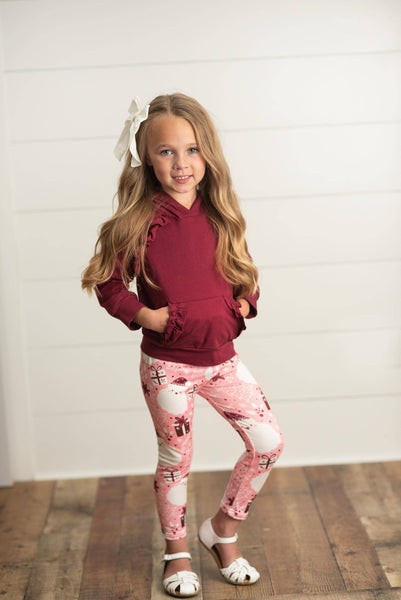 Kids Pink Santa Pocket Ruffle Hoodie Shirt and Leggings Set