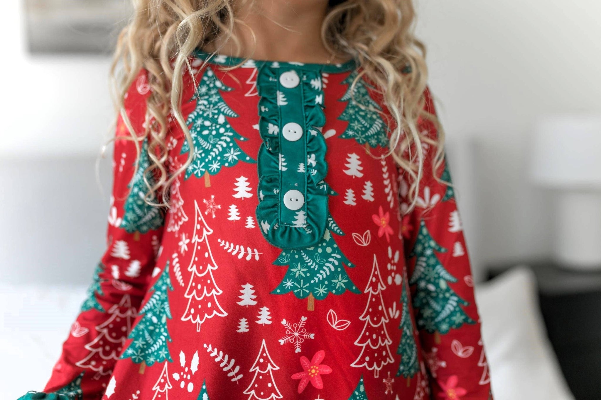 Kids Red & Green Christmas Tree Ruffle Lounge Play Gown