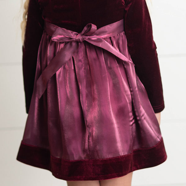 Kids Plum Velvet Tie Back Bow Fancy Dress