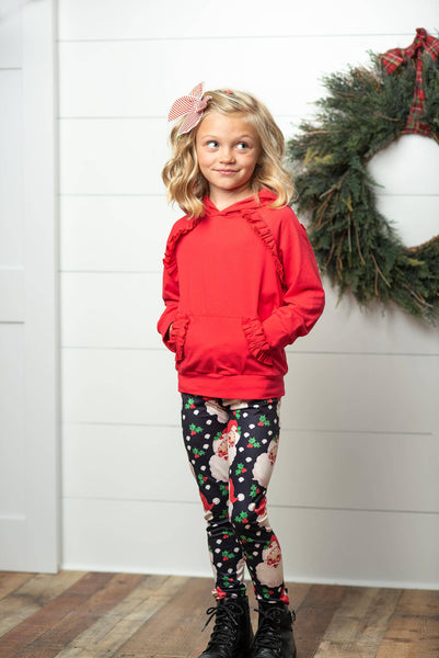 Kids Santa Pocket Ruffle Hoodie Shirt & Leggings Winter Set