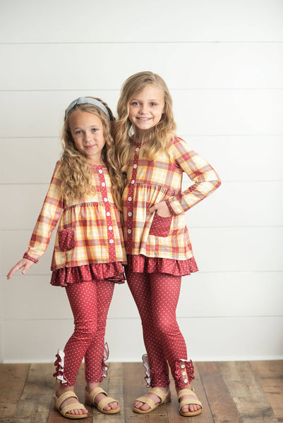 Kids Burgundy & Mustard Gingham Check Button Pocket Pant Set