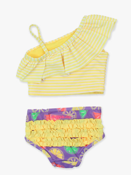 Girls Neon Purple Citrus One Shoulder Ruffle Tankini