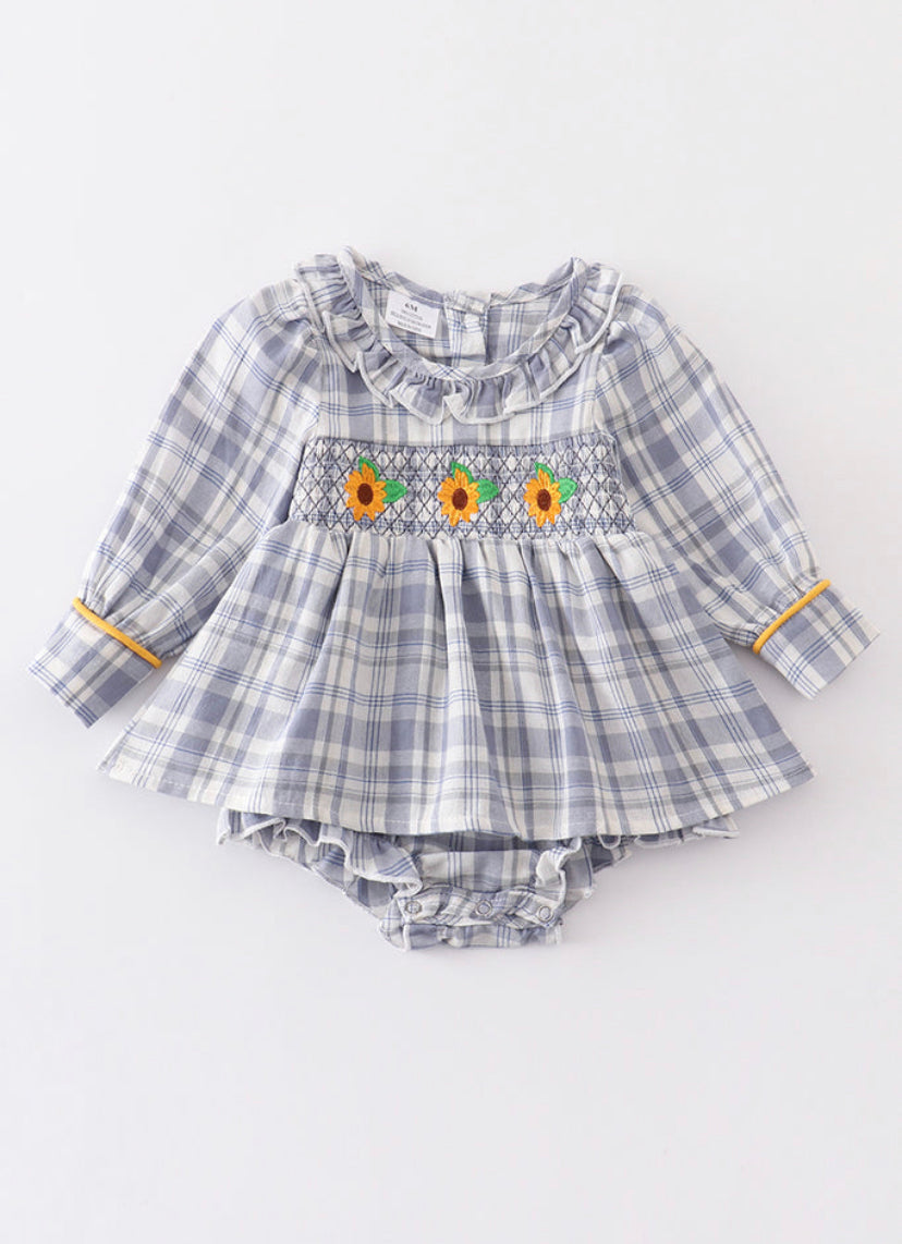 Blue Plaid Sunflower Romper