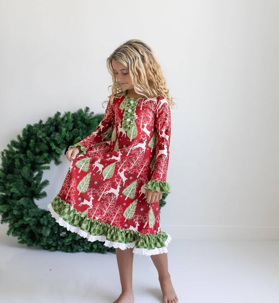 Kids Red Christmas Holiday Reindeer Ruffle Lounge Play Gown