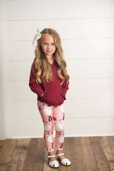 Kids Pink Santa Pocket Ruffle Hoodie Shirt and Leggings Set