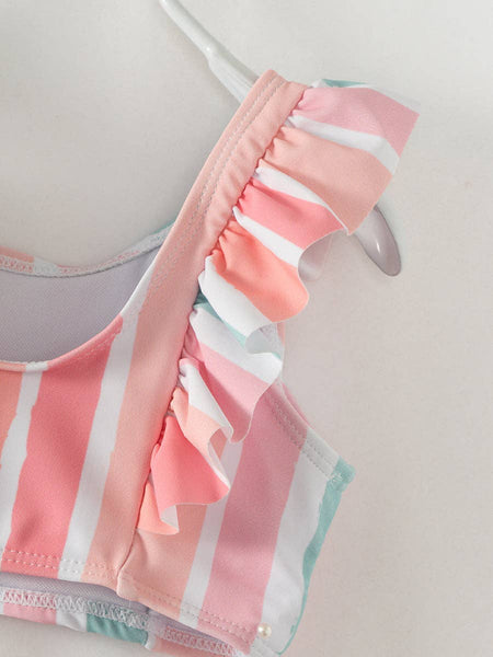 Pink Blue Stripe Ruffle Girl Swimsuit