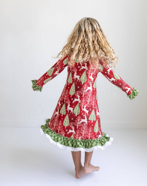 Kids Red Christmas Holiday Reindeer Ruffle Lounge Play Gown