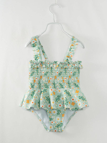 Mommy & Me Green Floral Girl Smocked Ruffle Swimsuit