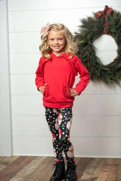 Kids Santa Pocket Ruffle Hoodie Shirt & Leggings Winter Set