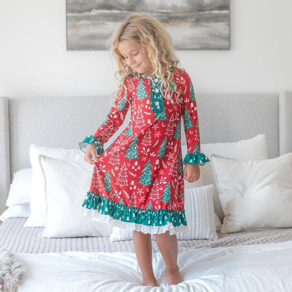 Kids Red & Green Christmas Tree Ruffle Lounge Play Gown