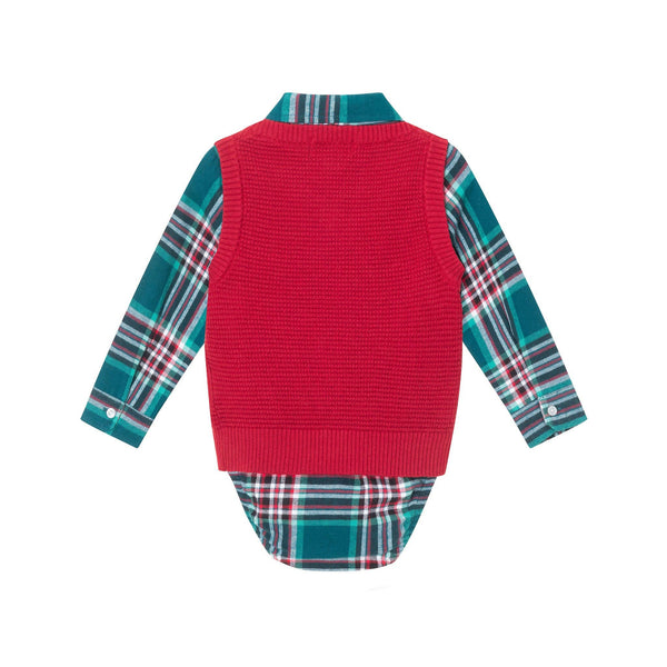 Infant 4-Piece Buttondown & Sweater Vest Set | Checkered Maroon