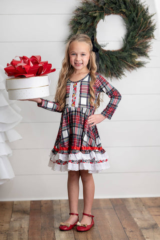 Girls Holiday Christmas Plaid Lace Ruffle Bow Back Dress