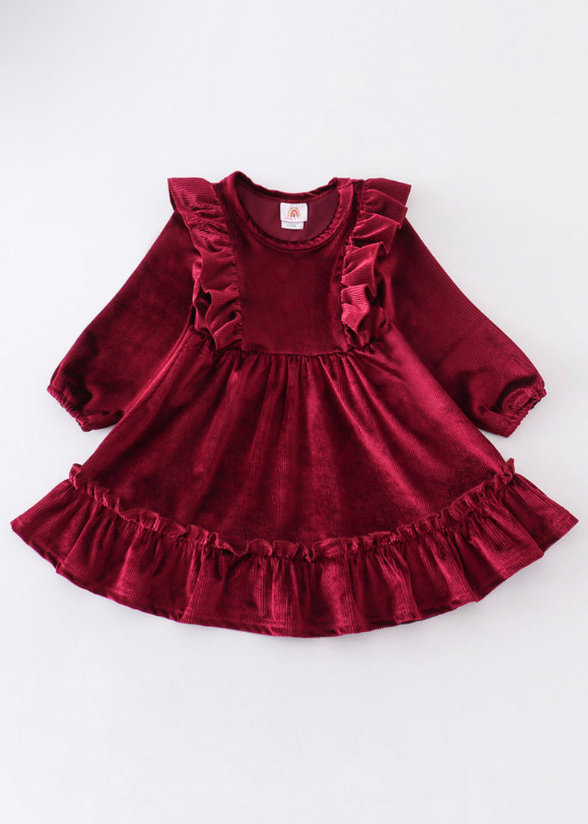 Maroon Ruffle Velvet Dress