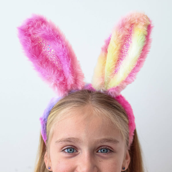 Fuzzy Rainbow Tie Dye Glitter Bunny Ears Easter Headband