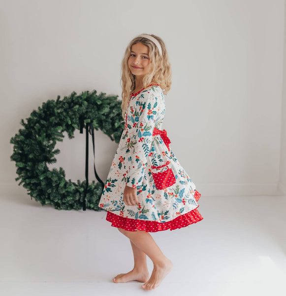 Kids Red & Green Holly Ruffle Button Pocket Tie Back Dress