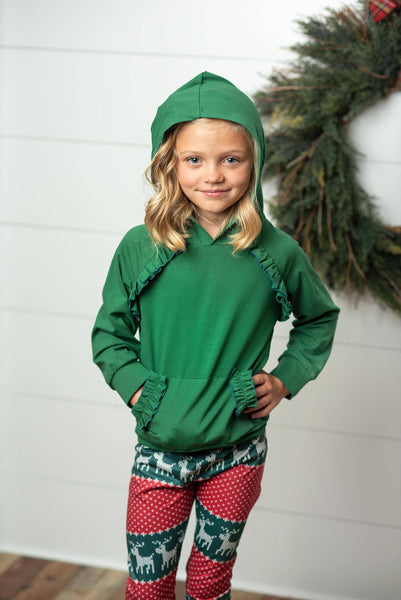 Kids Reindeer Pocket Ruffle Hoodie Shirt and Leggings Set