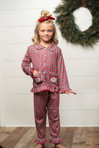 Kids Santa Plaid Pocket Button Christmas Winter Lounge Set