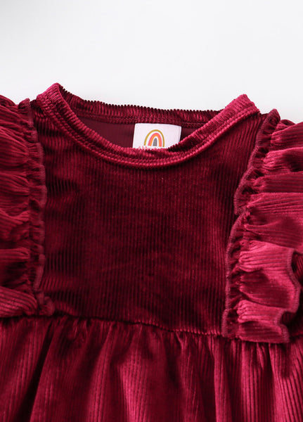 Maroon Ruffle Velvet Romper 3M