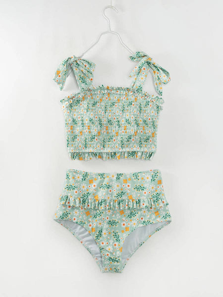 Mommy & Me Green Floral Girl Smocked Ruffle Swimsuit