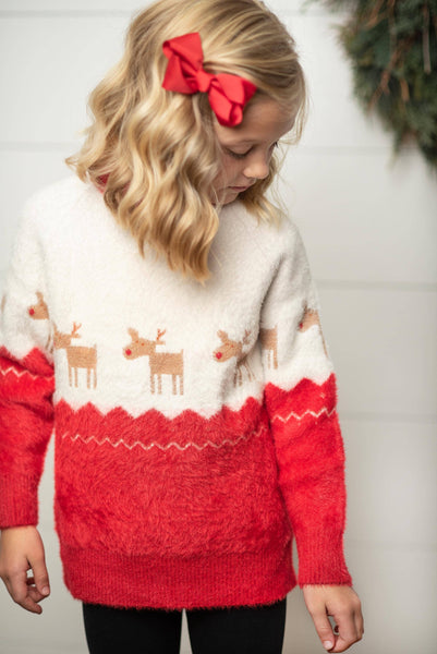 Kids Fuzzy Soft Christmas Holiday Reindeer Crew Neck Sweater