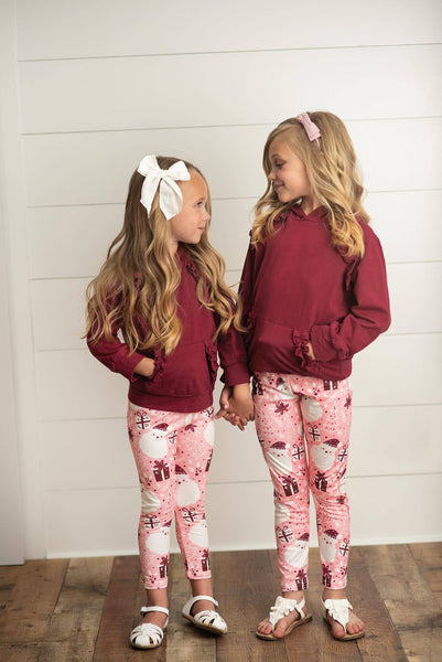 Kids Pink Santa Pocket Ruffle Hoodie Shirt and Leggings Set