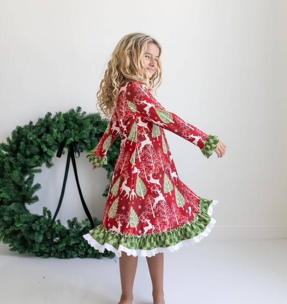 Kids Red Christmas Holiday Reindeer Ruffle Lounge Play Gown