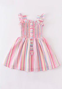 Pink Stripe Smocked Ruffle Dress