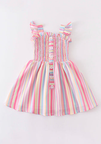 Pink Stripe Smocked Ruffle Dress