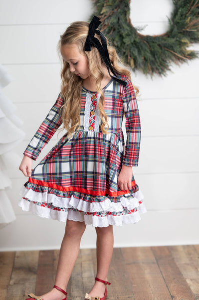 Girls Holiday Christmas Plaid Lace Ruffle Bow Back Dress