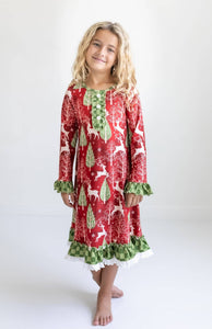 Kids Red Christmas Holiday Reindeer Ruffle Lounge Play Gown