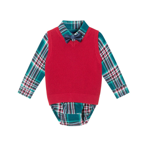 Infant 4-Piece Buttondown & Sweater Vest Set | Checkered Maroon