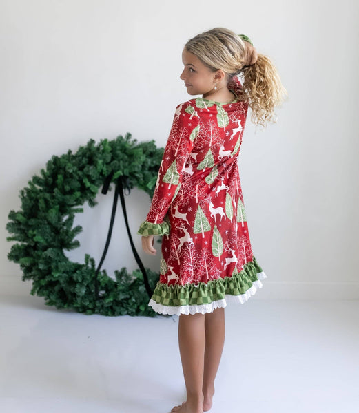 Kids Red Christmas Holiday Reindeer Ruffle Lounge Play Gown