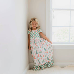 Kids Christmas Holiday Check Tree Ruffle Lounge Play Gown