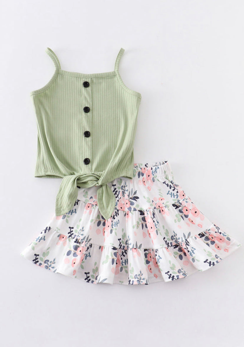 Green Floral Skirt Set 3T