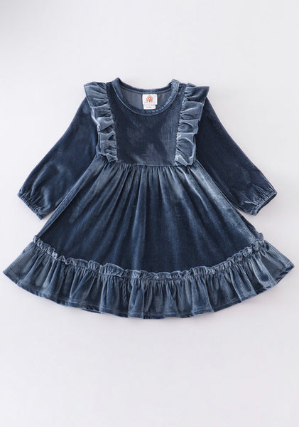 Blue Ruffle Velvet Dress