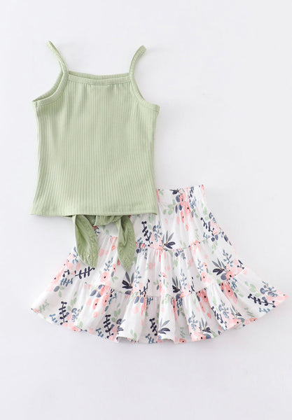 Green Floral Skirt Set 3T