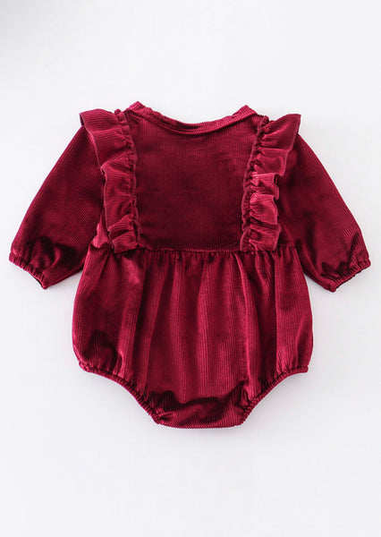 Maroon Ruffle Velvet Romper 3M