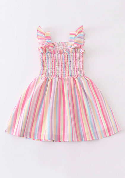 Pink Stripe Smocked Ruffle Dress