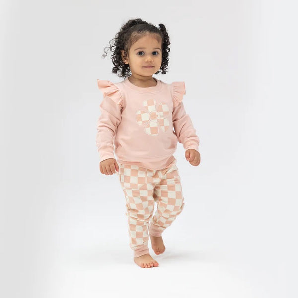 Checkerboard Pink Flower Sweatshirt & Jogger Set