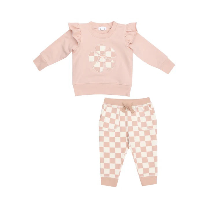 Checkerboard Pink Flower Sweatshirt & Jogger Set