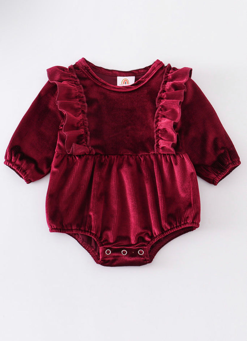 Maroon Ruffle Velvet Romper 3M