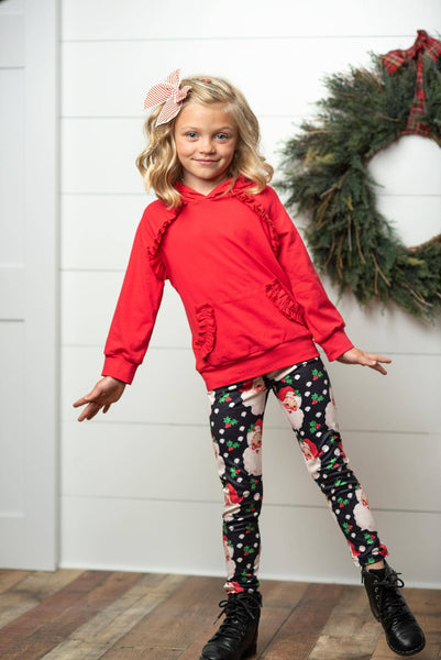 Kids Santa Pocket Ruffle Hoodie Shirt & Leggings Winter Set